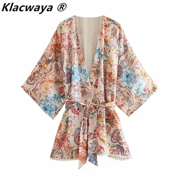 Klacwaya Ženska moda Šik s pojasom Šarenilo kimono s po cijeloj površini Vintage Bluze Širok rukav Otrcana Rub Ženske košulje Šik vrhovima