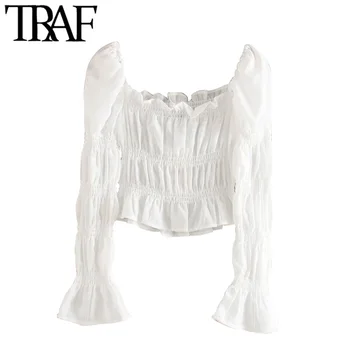 TRAF Ženske slatka modni nabrane skraćeni bijele bluze Berba ženske košulje s dugim rukavima i ukrašen Blusas Šik vrhovima