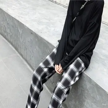 Crni Punk-provjeriti hlače za djevojčice Korejski zabavne Sportske hlače s visokim strukom Široke gotički hlače Ljeto Jesen Hip-hop Hlače Ženske Харадзюку
