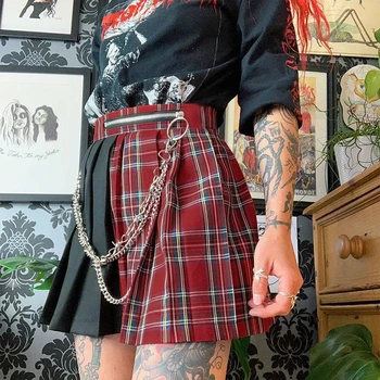 Punk-crvene nabrane kariranih mini-suknje Gothic Харадзюку Crna patchwork lanac s visokim strukom Suknja Vintage estetski Godišnja ženska suknja