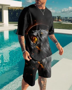 Kralj Lav Ljeto 3D Print muška majica i Kratke hlače Kit Muška Sportska odjeća Sportska odijelo s okruglog izreza i kratkih rukava Muška Nošnja