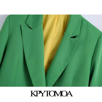 KPYTOMOA Ženska moda Двубортный zelena blazer Vintage Kaput dugi rukav Džepovi s ventilima Ženska gornja odjeća Šik Весте Femme