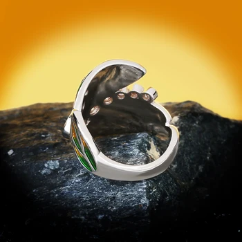 Novo i jedinstveno Donje prsten od srebra 925 sterling sa zelenim listom Fin emajl ručni rad Ženski nakit, Prsten s kubični cirkon Fin nakit
