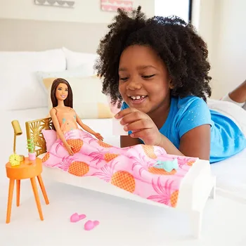 Barbie lutku i pribor za igre u spavaćoj sobi s priborom Barbie Prije spavanja, Djevojke Igraju Igračke za dom rođendanski Poklon GRG86