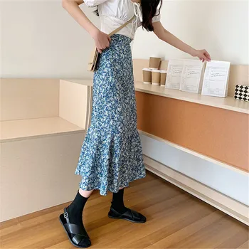 Vintage suknja s cvjetnim uzorkom u obliku ribljeg repa žena Plava Elegantan visokim strukom Sirena Duge suknje 2021 Nova korejska moda Midi suknje Vanjska odjeća