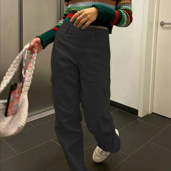 Rockmore Svakodnevne široke traperice Ženske hlače-teretni s džepovima Uličnu odjeću za mame s visokim strukom Izravne traper hlače E Harajuku Djevojku