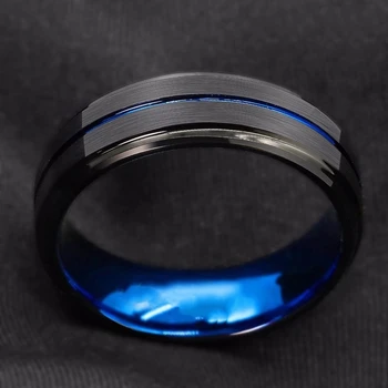 Muška moda 8 mm Crni Brušeni Rub Stepenice i Prsten od nehrđajućeg čelika sa plavim канавкой Za muškarce Zaručnički prsten Pokloni za muškarce
