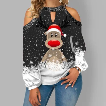 Ženska Božićno majica sa po cijeloj površini Los 2021 s otvorenim ramenima, O-izrez, majica sa dugim rukavima, ženske svakodnevne besplatne vrećice-svjetla, puloveri, majice