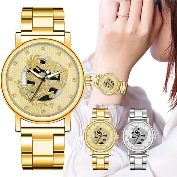 Luksuzni ručni satovi za parove za muškarce Zlato od nehrđajućeg čelika s šuplje dial reljefni zmaj Ženske kvarcni satovi Za žene Dar Зегарека Дамски