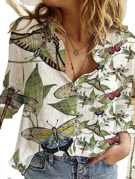 Proljeće i Jesen Vintage karta Sa slikom za Ispis Plus Size Ženska košulja dugih rukava Ženska odjeća Slobodnih Narodnih šik Kolaž bluze