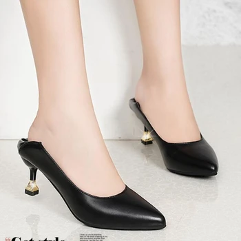Zapatos Dama Ženske slatka slatka kvalitetne bež cipele bez spajala na visokim petama, žene crne cipele od umjetne kože, udoban poslovni cipele na petu E5970
