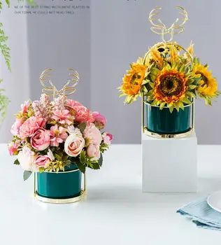 Nordijsko stakleno Keramička Vaza+Namještaj od umjetnog Cvijeća, Ukrasa za stolom, Ukrasa za dom, Dnevni boravak, Stolni Pribor, Obrt