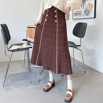 Двубортная вязаная Ženska suknja Jesen-zima 2021 Korejski elegantna Visoka struka trapeznog oblika Moderan džemper Pokrivač suknja Midi