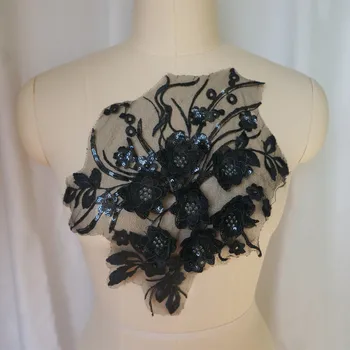 Crna 3D Cvijet cvjetne čipke Tkanina Perle, Šljokice Kićanka Vezeni vjenčanicu Oblog Ovratnik Zašiti Krpa za Vjenčanje nakit DIY Obrt