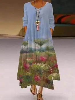 2021 Jesen-proljeće Maxi haljina Za žene Svakodnevno Okrugli izrez dugi rukav Cvjetni cvjetni print Džep haljine u stilu Boho Ženske haljine Vestidos