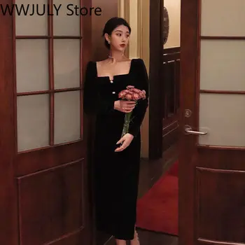2021 Zimsko crno baršunasto haljina midi za žene Večernja haljina dugih rukava Винтажное maksi haljina Večernja haljina Cijela haljina Korejski moda
