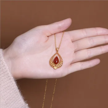 Prirodni Južni Crvena халцедон kap vode šuplje privjesak Ogrlica u kineskom stilu retro jedinstveni zlatni zanat ženske marke nakit