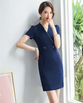 Službena ženska moda V-izrez u obliku kratkih rukava 2019 Ljetne haljine za žene Poslovna radna odjeća Ženski mini haljinu Uniforma