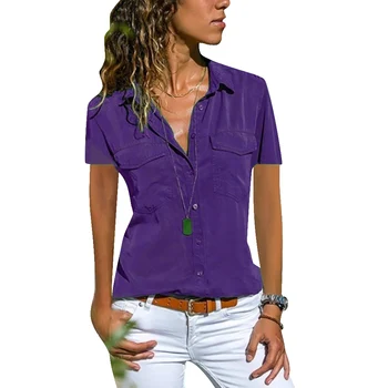 Elegantna majica kratkih rukava 5 boja Seksi Vintage bluza na zakopčane s odbačenost ovratnik Ured za ženska odjeća, Košulja, bluza svakodnevni femme D30