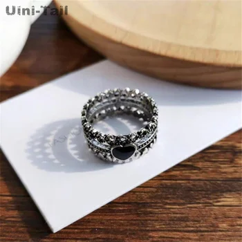 Uini-Rep novi dizajn hot rasprodaja 925 sterling srebra crno laminirano otvoreni prsten u obliku srca modni trend retro kombinirana prsten