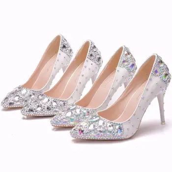 Kristalna Kraljica Cipele sa visokim tankim potpeticama Ženske cipele-brod Kristalno svadbene cipele sa štrasom Cipele Pepeljuga Na red Silver gorski kristal