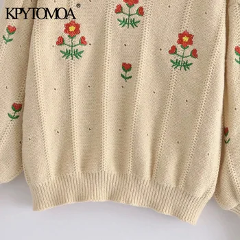 KPYTOMOA Ženska moda Cvjetni vez Slobodan pletene džemper i Starinski O-izrez u obliku dugih rukava Ženski puloveri Šik vrhovima