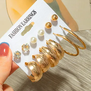 Modni geometrijski ženske Vintage naušnice Zlatne Metalne Naušnice Set Za žene Korejski Biseri Krug Naušnice, prstenje 2021 Trend nakit