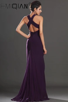 Novi Fascinantno Večernja haljina s otvorenim leđima na trake tamno-ljubičaste boje , Seksi večernje haljine šifona s dubokim V-izrez