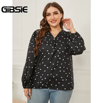 GIBSIE Plus Size V-oblika dekoltea s po cijeloj površini srca Ženska bluza Košulja 4xl xxxl Office Svakodnevne Majice s dugim rukavima Ženske bluze 2021 Jesenski Noviteti