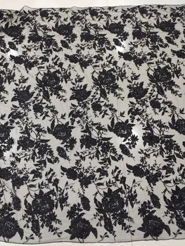 1 Yard Širine 130 cm Moderan haljinu Vrhunske Kvalitete Crne Boje Prekrasna vezene francuski cvjetne čipke tkanina sa šljokicama Vjenčanje cvjetne čipke tkanina