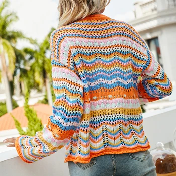 YiYiMiYu Kardigan Top za žene s dugim rukavima na jedan preklopni uređena tanak rainbow prugasta лоскутный ženski džemper 2021