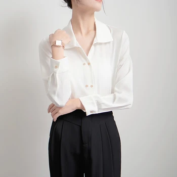 Berba bijele košulje Ženska proljetna moda dugi rukav lapels Elegantne office ženske satin vrhovima Šik двубортные bluze Košulje
