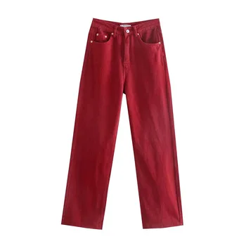 Willshela Ženska moda Crvene traperice Fancy Hlače s visokim strukom i širokim штанинами Šik ženske hlače u stilu INS Hlače Pantalon