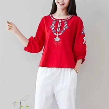 Lanene košulje, Ženske 2021 Bluzu s vezom Bijela košulja Top dugi rukav Etničke ženske Majice i bluze Korejski jesen Elegantan tunika
