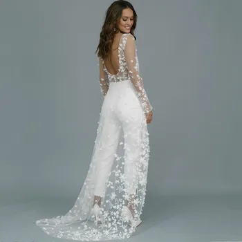 Modni držači Vjenčanje hlače 2021 s vlakom, seksi bijeli kombinezon dugih rukava i otvorenih leđa, Vjenčanica za žene, Vestido De Novia