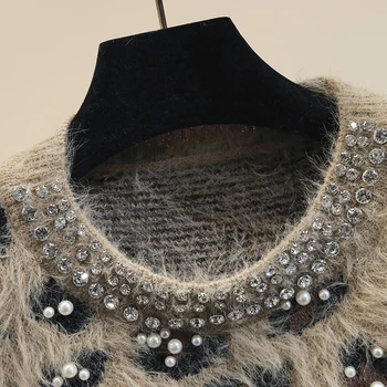 Ženska jesen i zima 2021 godine, Nova moda, High street, pulover okruglog izreza, ženski pulover s dijamantima i perlicama, kratak džemper od krzna mink