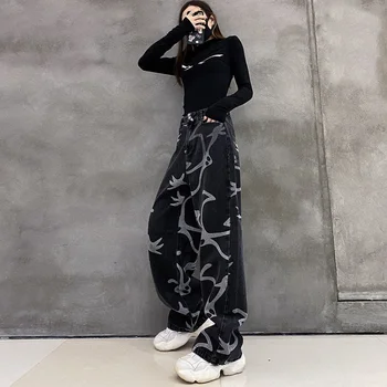 Ženske traperice dizajn sense nove izravne s visokim strukom tanke zamotan slobodan traperice problem crne široke hlače Y2K retro trend 2021