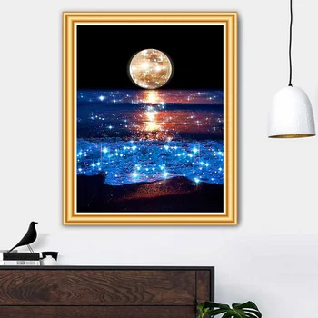 5D DIY Diamond slika Krajolik Morska Mjesec Noćna Scena Skup Vez Mozaik je Umjetnička Slika Zidno Slikarstvo Ukras kuće Poklon Naljepnica zid
