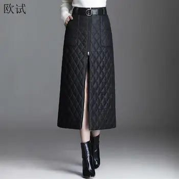Крупногабаритная pokrivač duga suknja 2021 Korejski zimske tople suknje za žene trapeznog oblika munje Crna suknja od pamuka s pojasom Faldas Mujer