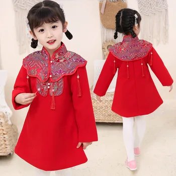 Zimske djevojka u Kineskom nacionalnom stilu Toplo Novogodišnje haljine Чонсам s vezom za djevojčice Retro Crvena haljina Tradicionalna odjeća Dinastije