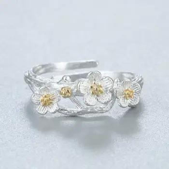 Kinitial dijamantni cvijet trešnje za žene Femme Podesiva Veličina Prstena s cvjetnog grančica Moderan Vjenčanje ukras za zglob Anillos