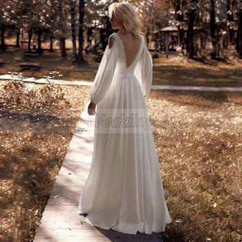 Vjenčanica dužine do poda s V-neck, Boho A-Line vjenčanicu 2021 Modni dugih rukava, bijele boje slonovače s otvorenim leđima vjenčanica Robe De Mariée