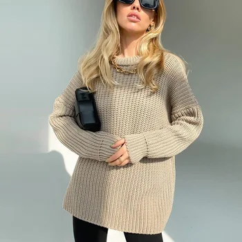 Kapucina 2021 Moda Karamela boju Prevelike veste Ženski jesenje s otvorenim ramenima i okruglog izreza Casual slobodan pletene pulover Pull Femme
