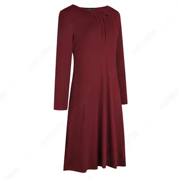 Za žene Svakodnevno monotone haljina čipka-up, elegantno donje haljina s okruglog izreza i dugih rukava, izravni slobodni haljina HT021