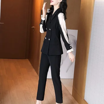 Ženska moda ured za odijevanje Двубортный blazer s elastičan struk Hlače Kit Berba džepa s dugim rukavima Kaputa Čvrste hlače odijelo