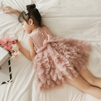 Vjenčanica Elgant za djevojčice, rođendan, Dječje odjeće s aplikacija, ružičasto-bijelu haljinu bez rukava, haljina princeze za djevojčice
