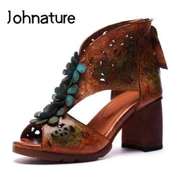 Johnature Prirodna koža 2021 Nove ljetne sandale za Svakodnevne cipele na visoku petu munje s cvjetnim uzorkom u Retro stilu, Nacionalni stil, male ženske cipele